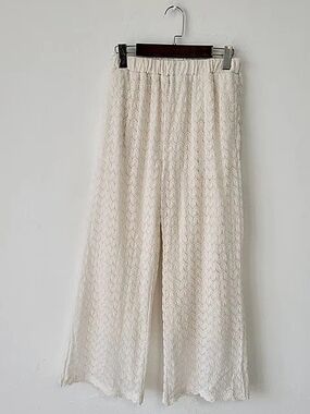 Cream Lace Wide Leg Pants | Elastic Waist | Lined | Scallop Hem | Boho | Sz S